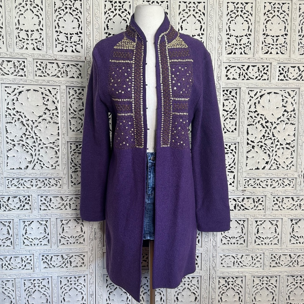 Boo Gemes Purple‎ Sequin Beaded 100% Wool Longline Cardigan Sz Small